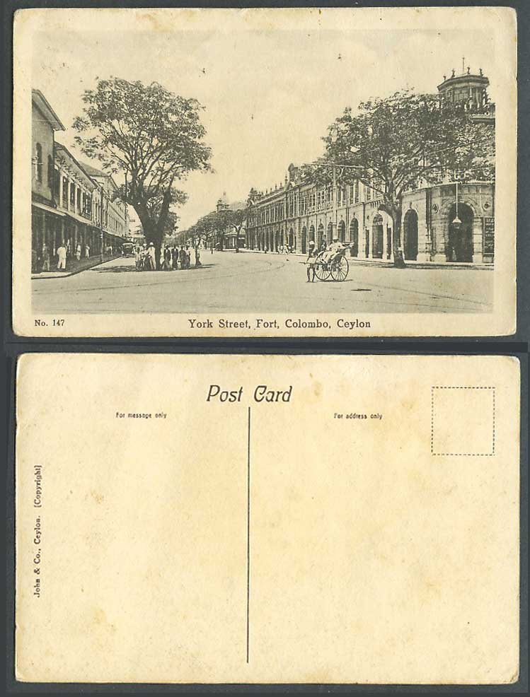 Ceylon Old Postcard York Street Scene Fort Colombo Rickshaw Coolie John & Co 147