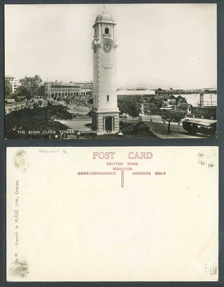 Ceylon Old Real Photo Postcard The Khan Clock Tower Colombo Street Scene Plate87