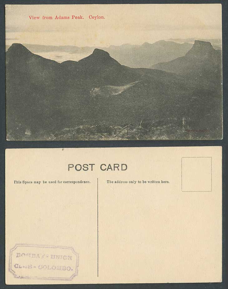 Ceylon Old Postcard View from Adams Peak, Mountains, Bombay Union Club Colombo