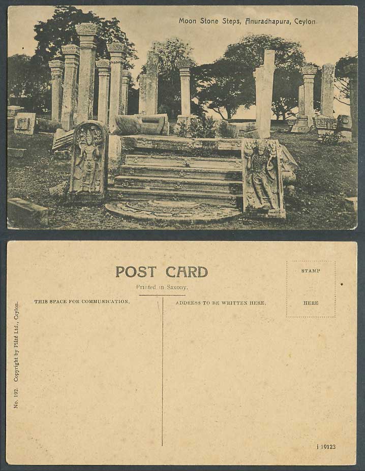 Ceylon Old Postcard Moon Stone Steps Anuradhapura Ruins Deities Carvings Columns
