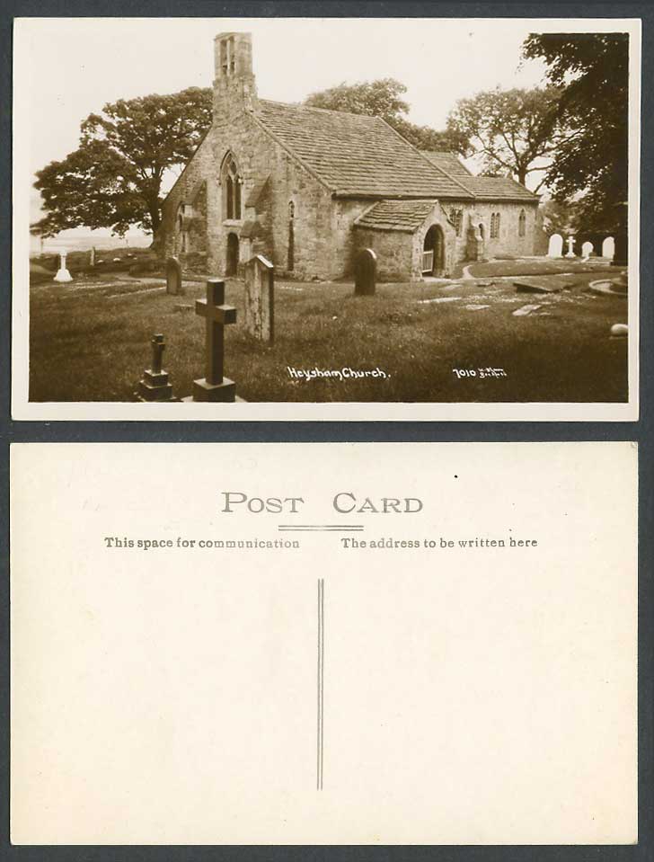 Heysham Church, Churchyard Tombstones Crosses Lancashire Old Real Photo Postcard