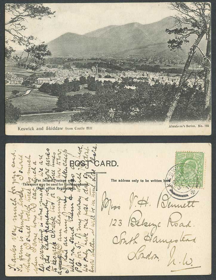 Keswick and Skiddaw from Castle Hill, Panorama General View 1911 Old Postcard