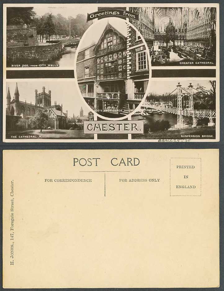 Chester 1936 Old Postcard God's Providence House Cathedral Suspension Bridge Dee