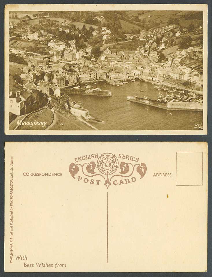 Mevagissey, Harbour Boats Yachts Piers Bird's Eye View Panorama Old Postcard 977
