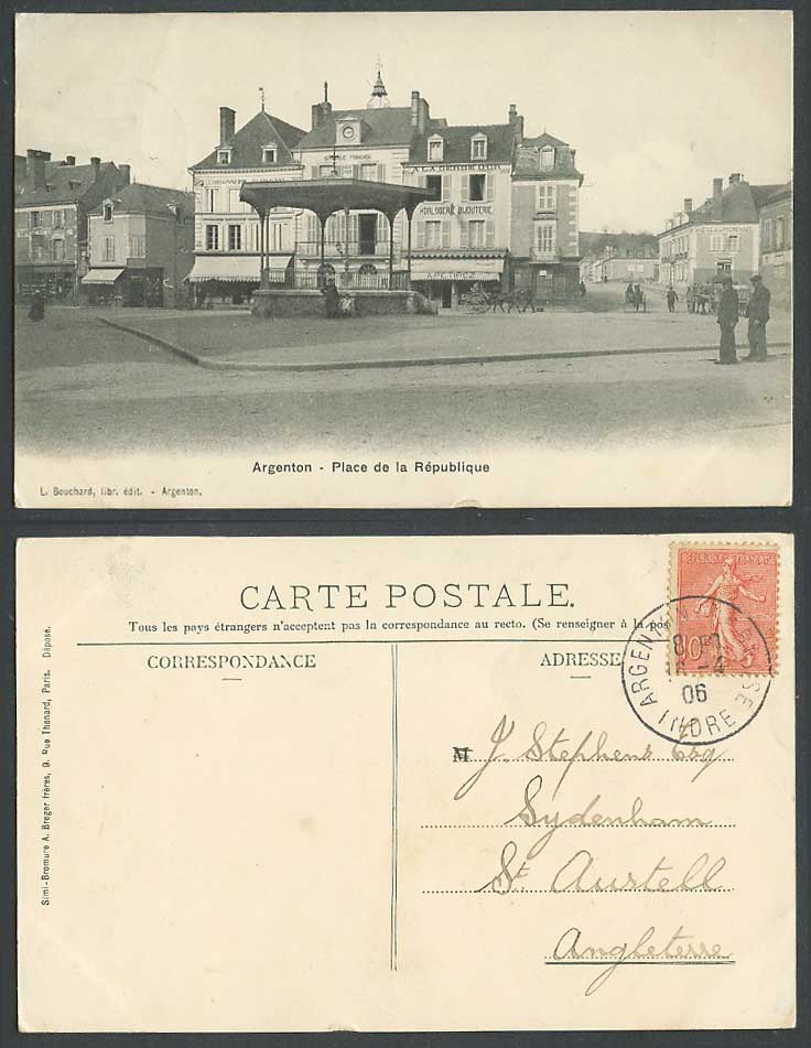 France 1906 Old Postcard Argenton Place de la Republique Square Street Bandstand