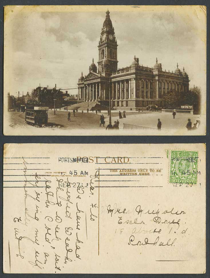 Portsmouth Town Hall Clock Tower TRAM Tramway Street Hampshire 1912 Old Postcard