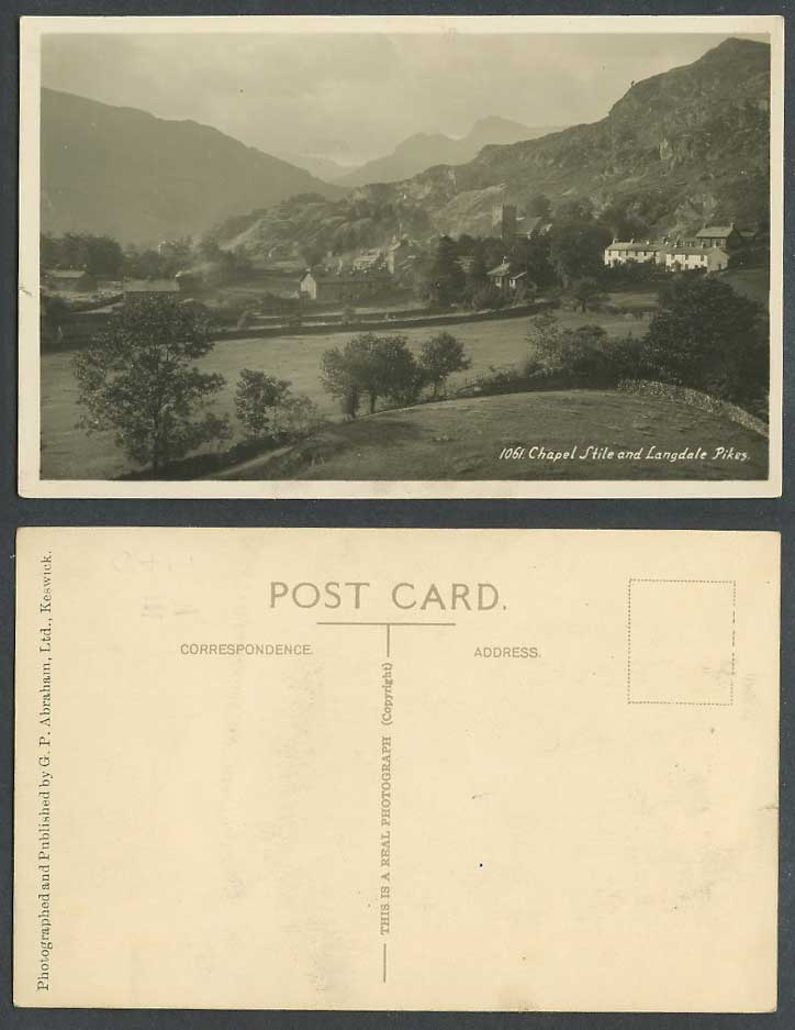 Chapel Stiles and Langdale Pikes, Lake District, Cumbria Old Real Photo Postcard