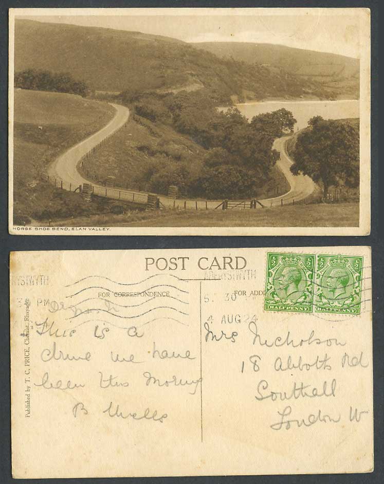 Elan Valley Horse Shoe Bend, Panorama General View Hills Wales 1924 Old Postcard