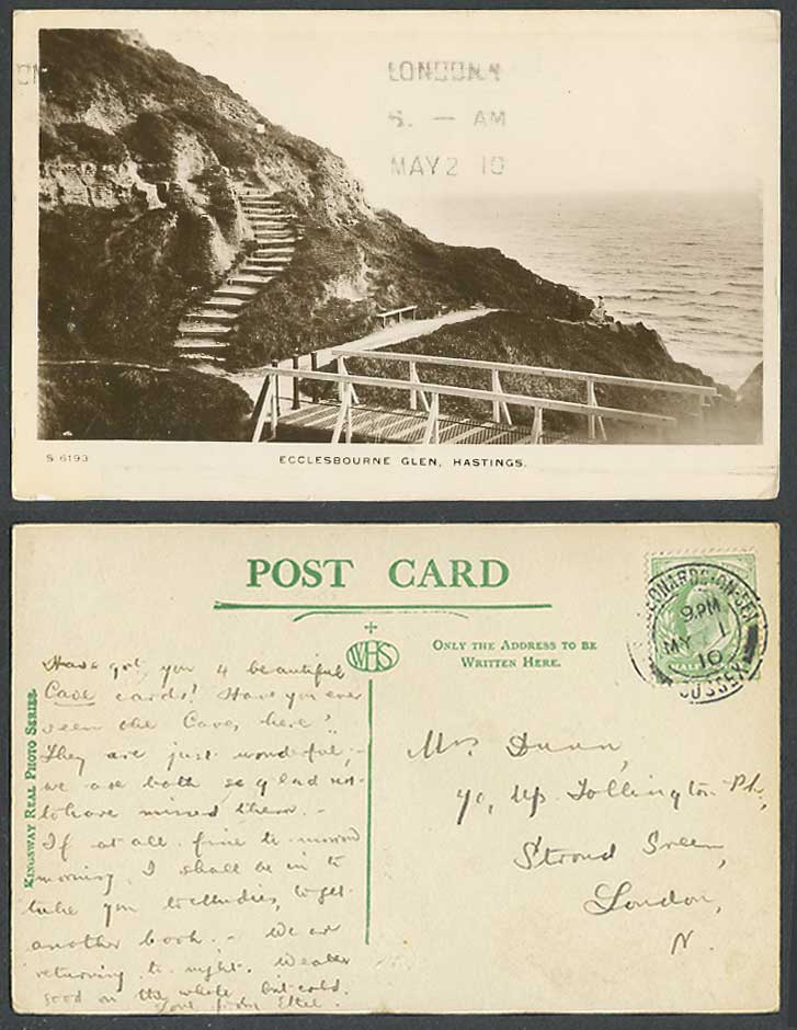 Hastings 1910 Old Real Photo Postcard Ecclesbourne Glen, Bridge Steps Cliffs Sea