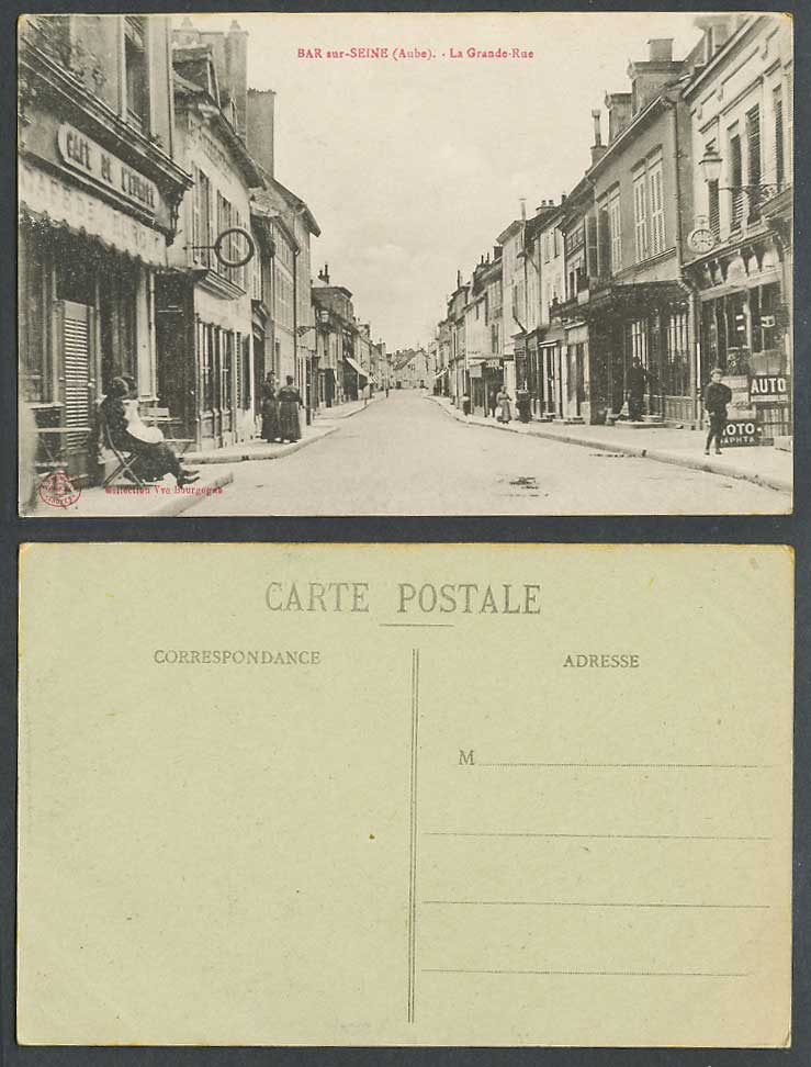 France Old Postcard Bar-sur-Seine Aube La Grande-Rue Street Scene Cafe Auto