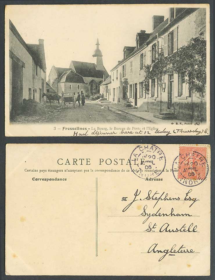 France 1903 Old Postcard Fresselines Le Bourg Bureau de Poste Post Office Church