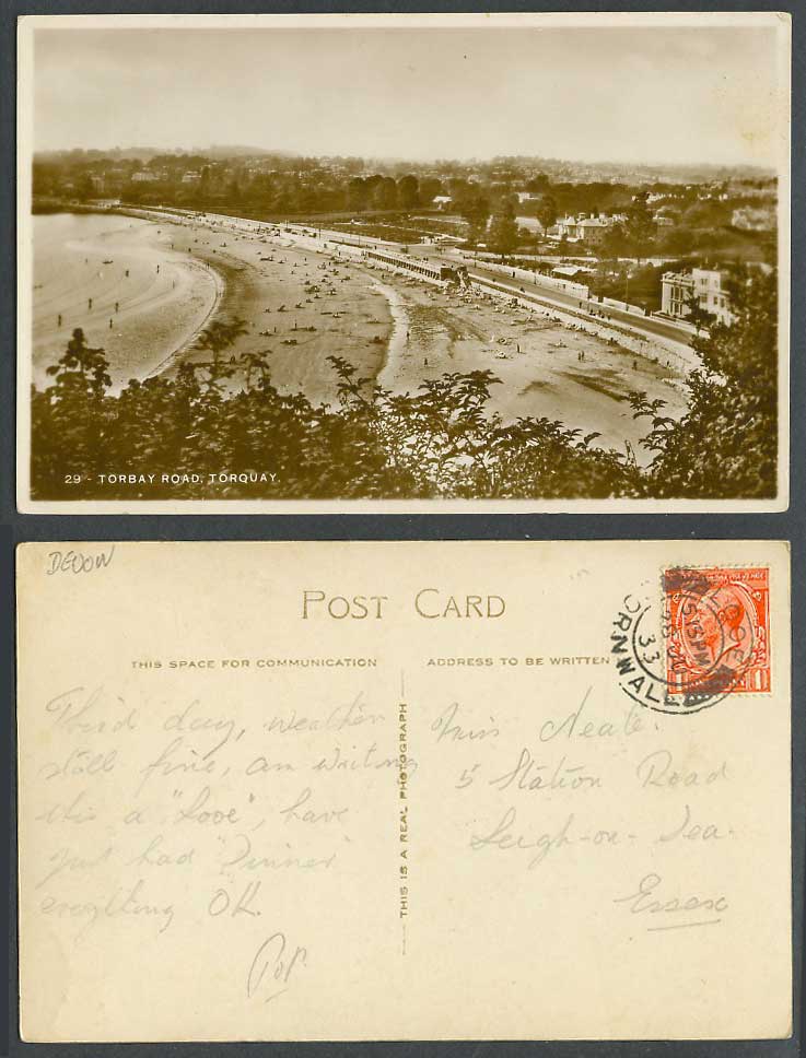 Torquay, Torbay Road Street, Beach Seaside Panorama 1933 Old Real Photo Postcard