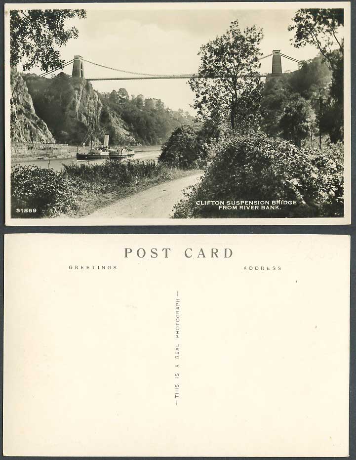 Bristol Clifton Suspension Bridge from River Bank Paddle Steamer Old RP Postcard