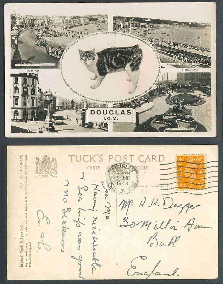 Isle of Man 1948 Old Tuck Postcard Manx Cat Kitten Jubilee Clock Promenade Beach