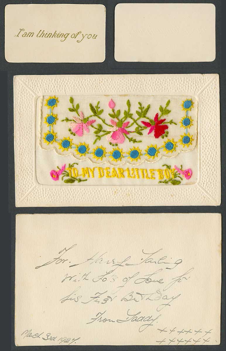 SILK Embroidered Mar 1927 Old Postcard To My Dear Little Boy I'm Thinking of You