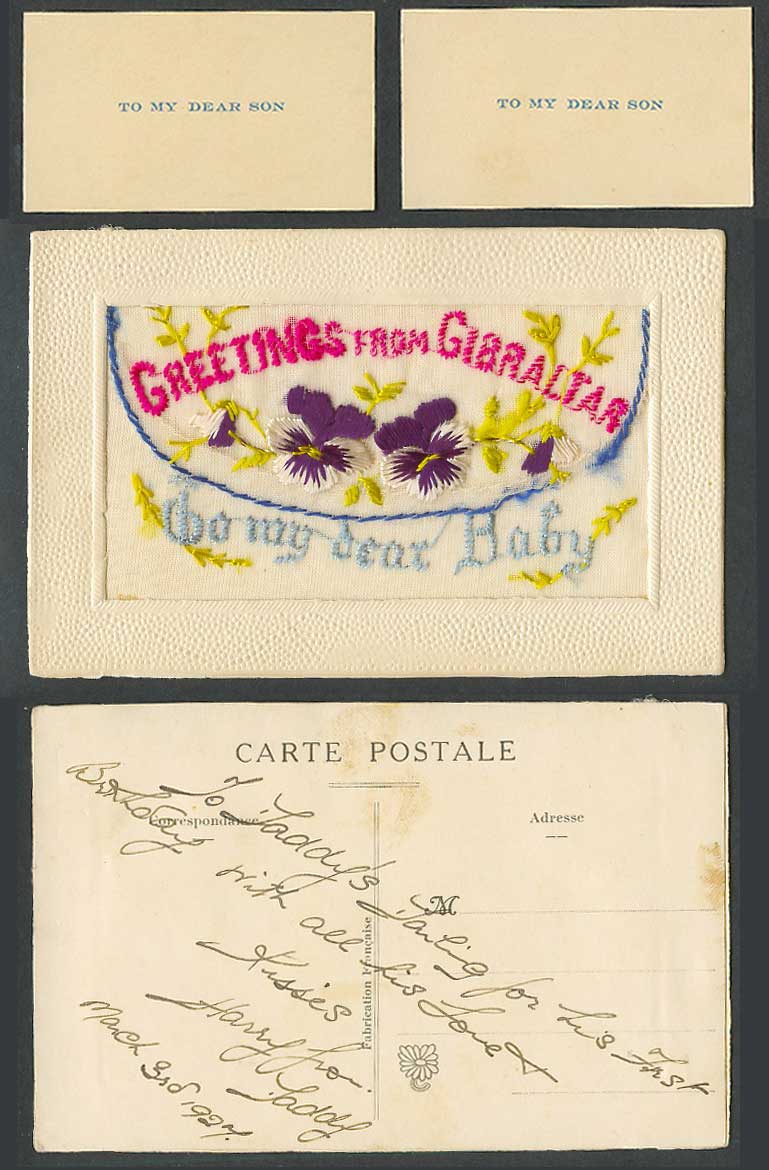 SILK Embroidered 1927 Old Postcard Greetings from Gibraltar, Wallet, To Dear Son