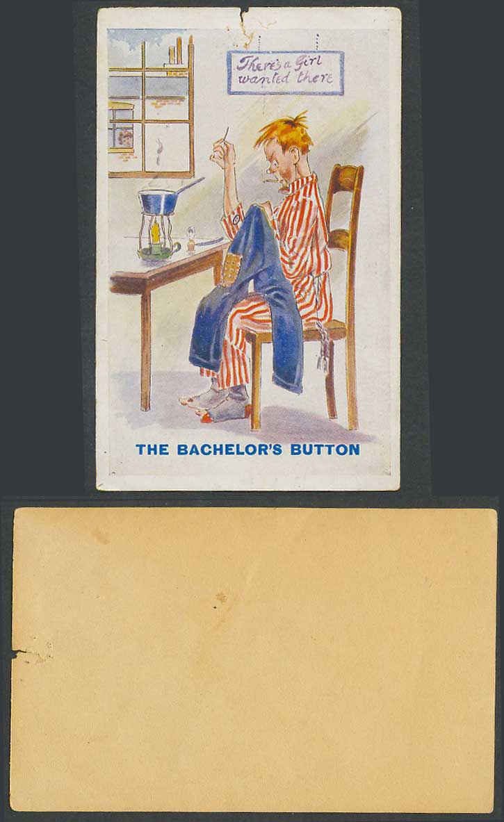 The Bachelor's Button, There's a Girl Wanted There Man Stitching Sewing Old Card