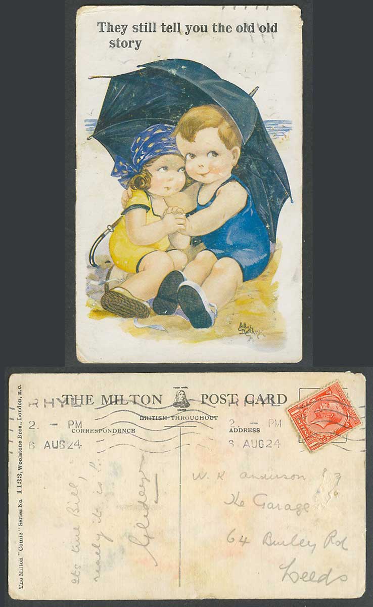 Arthur Butcher 1924 Old Postcard They Still Tell You The Story, Umbrella, Beach