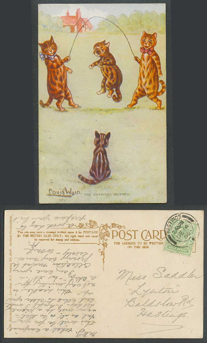 LOUIS WAIN Artist Signed Cat Kitten Skipping Champion Skippers 1908 Old Postcard