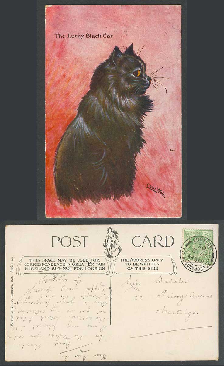 Louis Wain Artist Signed, The Lucky Black Cat Kitten 1905 Old Postcard W&K N.501