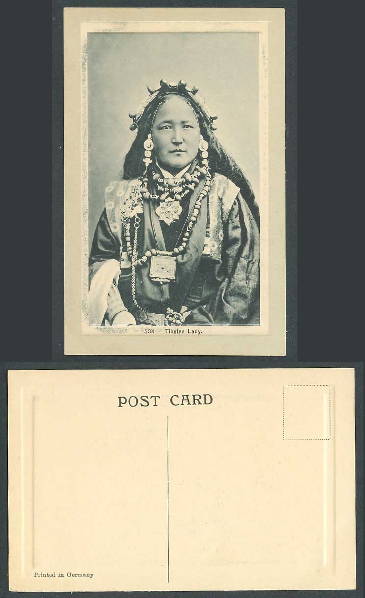 TIBET China Old Emboss Postcard Tibetan Lady Woman Traditional Costumes Necklace