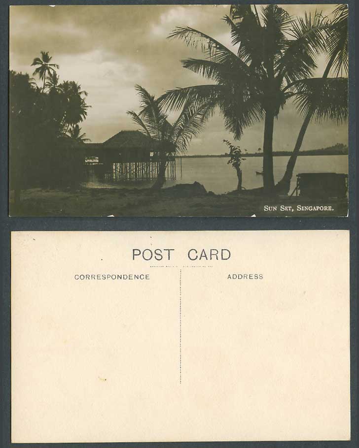 Singapore Old Real Photo Postcard Sunset Sun Set, Palm Trees House Hut on Stilts