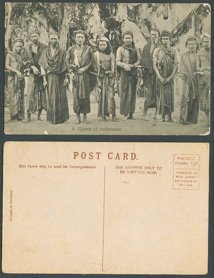 Penang Malaya A Group of Acheenese, Native Malay Tribe Men Costumes Old Postcard