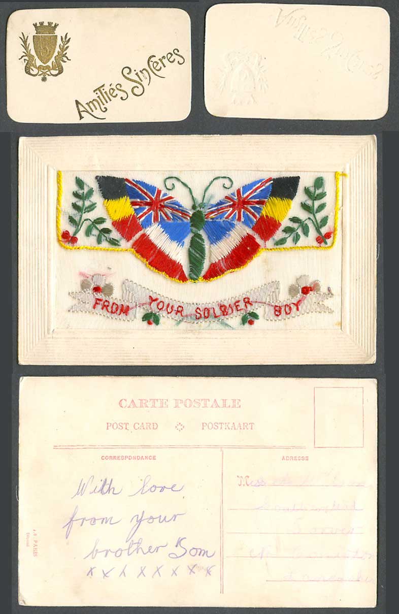 WW1 SILK Embroidered Old Postcard Butterfly From Your Soldier Boy Amit. Sinceres