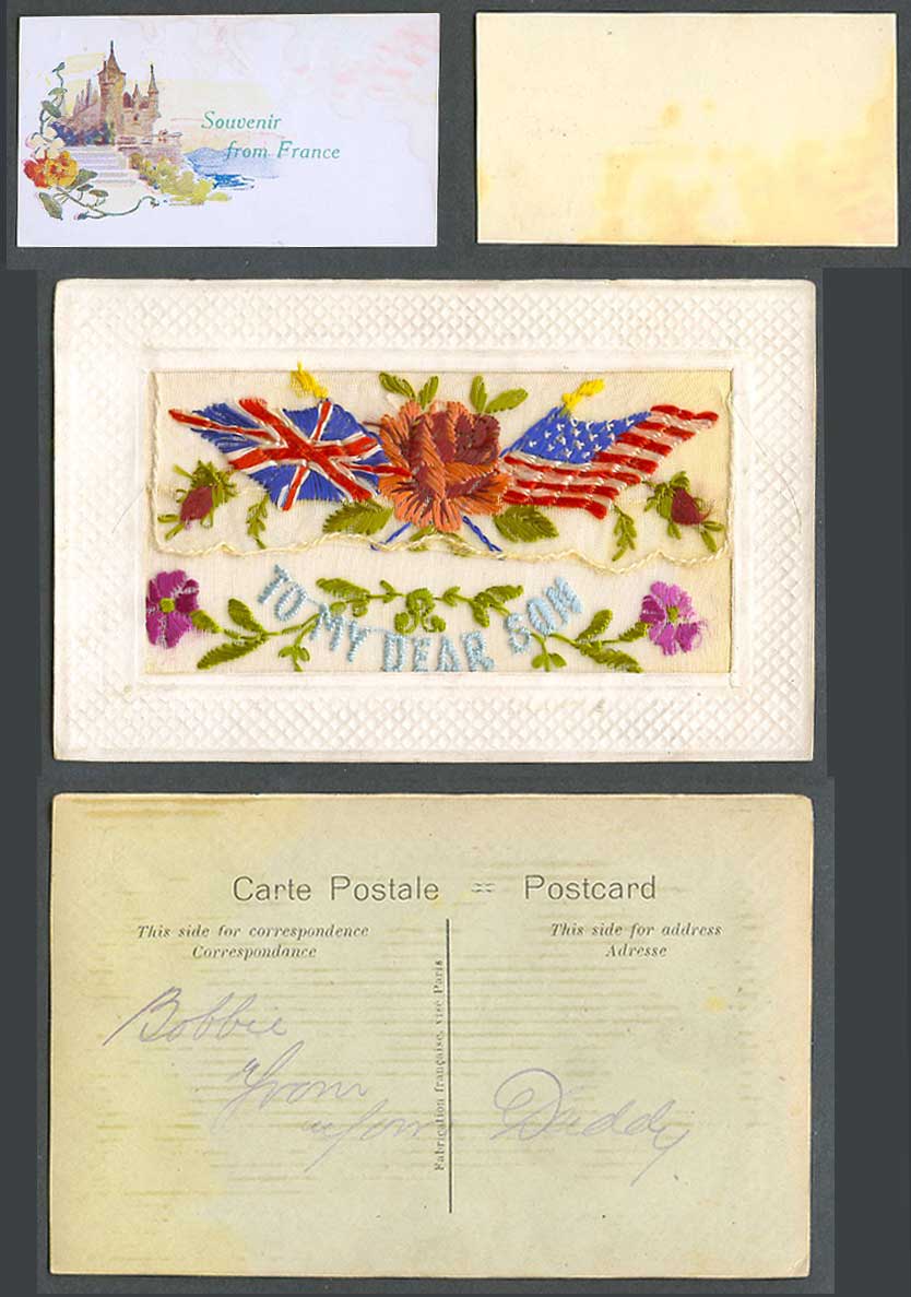 WW1 SILK Embroidered Old Postcard To My Dear Son, Flags, Flowers, Castle, Wallet