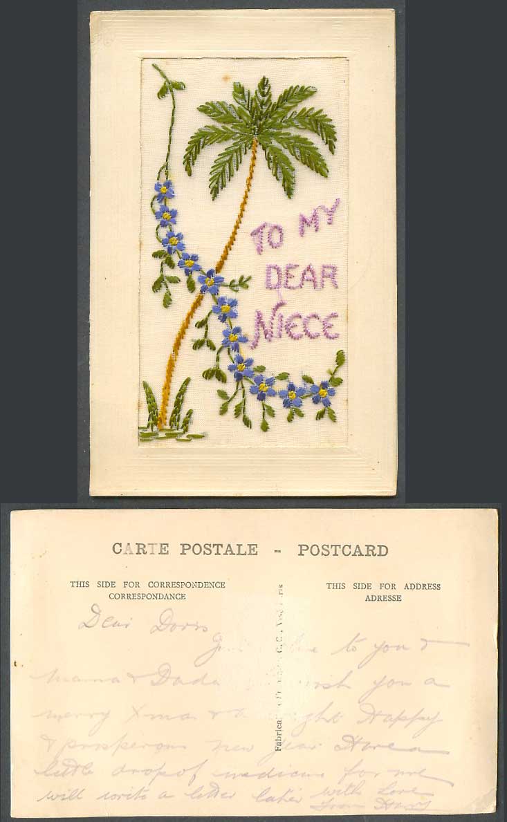 WW1 SILK Embroidered Old Postcard To My Dear Niece Palm Tree and Flowers Novelty