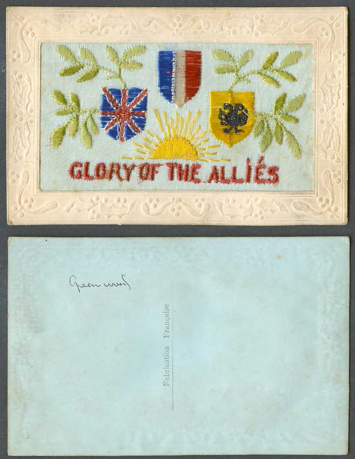 WW1 SILK Embroidered Old Postcard Glory of The Allies Sun Flag Coat of Arms Leaf