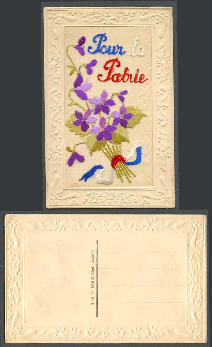 WW1 SILK Embroidered Old Postcard Pour la Patrie For The Homeland, Flowers Bunch