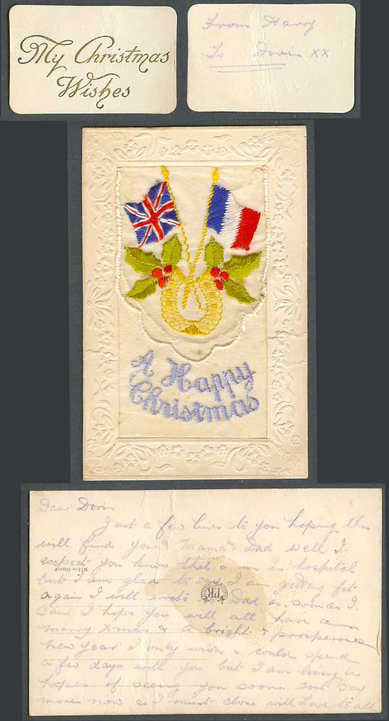 WW1 SILK Embroidered Old Postcard A Happy Christmas Flags Horseshoe Holly Wallet