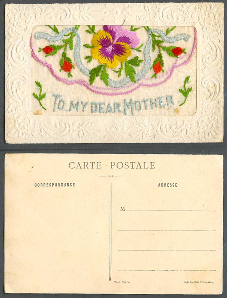 WW1 SILK Embroidered Old Postcard To My Dear Mother, Pansy Flowers, Empty Wallet