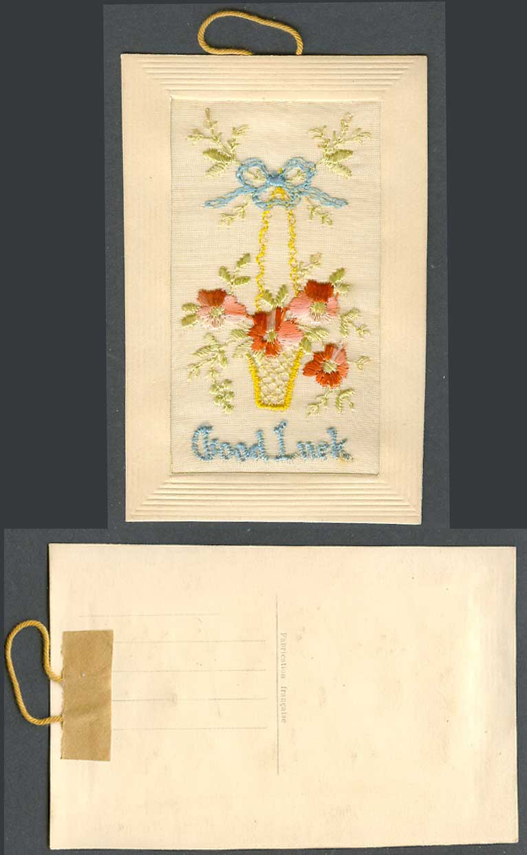 WW1 SILK Embroidered Old Postcard Good Luck, Flowers, Basket, Novelty, Greetings