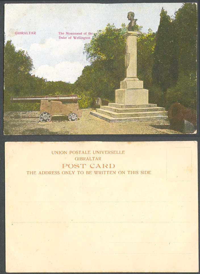 Gibraltar Old Colour UB Postcard Monument of Duke of Wellington, Cannon Memorial