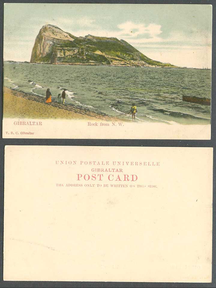 Gibraltar Old UB Colour Postcard The Rock from N.W. North West, Fisherman, Beach