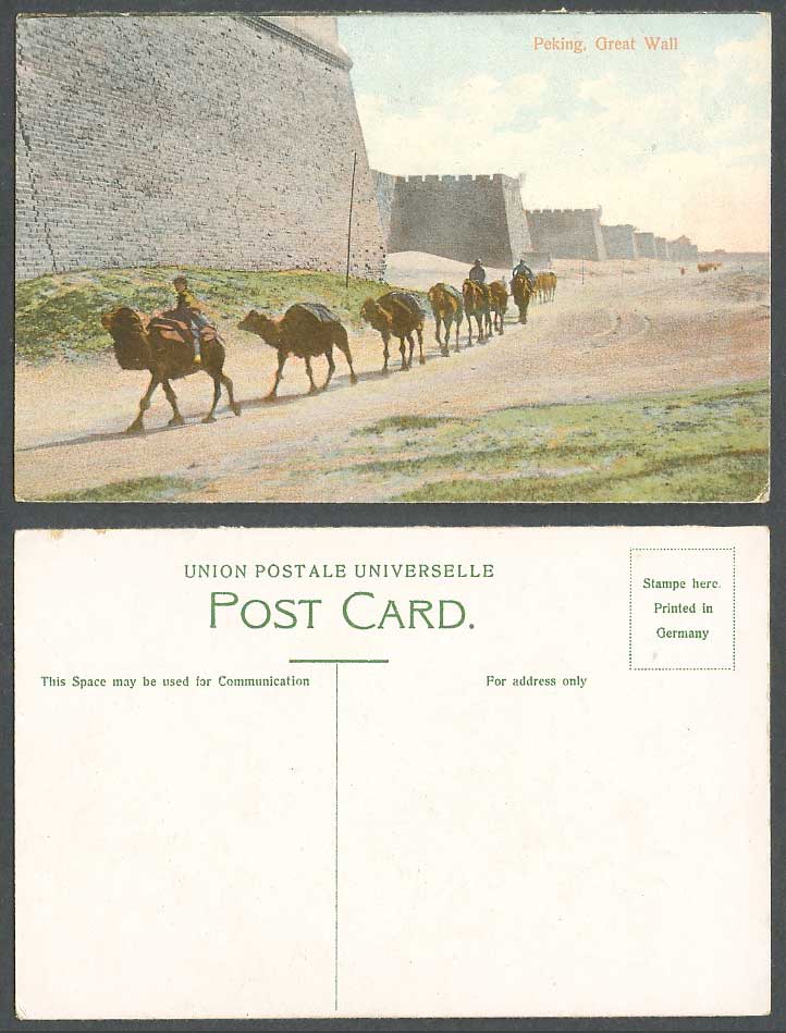 China Old Colour Postcard Chinese Great Wall Peking, Camel Riders Caravan Camels