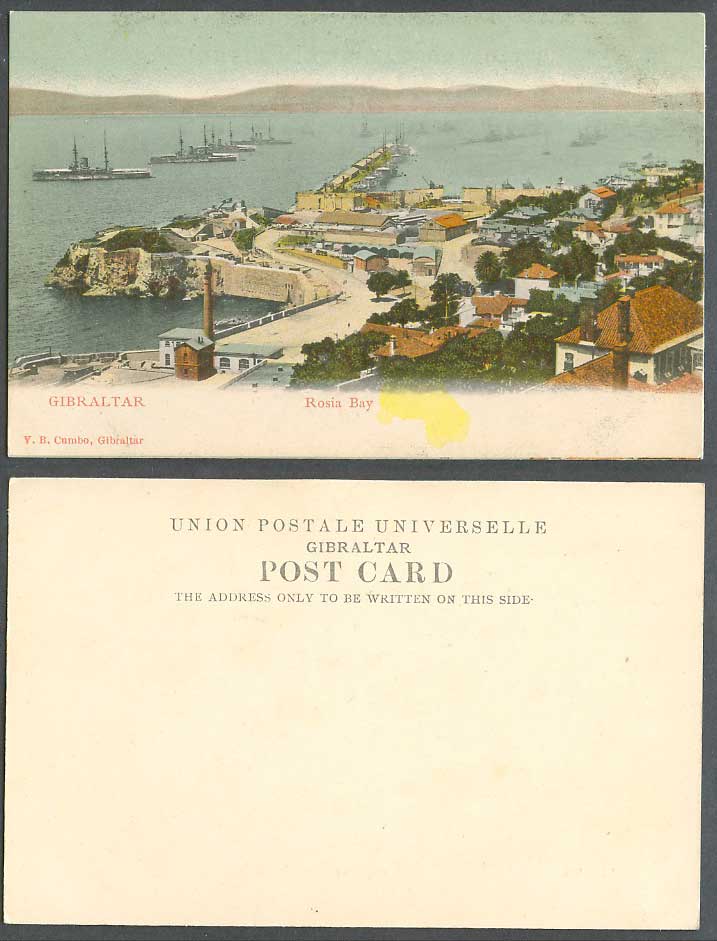 Gibraltar Old Colour UB Postcard Rosia Bay, Street, Pier, Harbour Warships Ships
