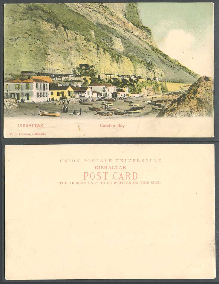 Gibraltar Old Colour UB Postcard Catalan Bay, Native Boats Canoes on Beach Rocks