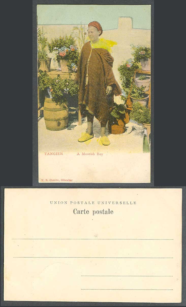 Morocco Old UB Colour Postcard Tangier Tanger A Moorish Boy, Barrel Flowers Pots