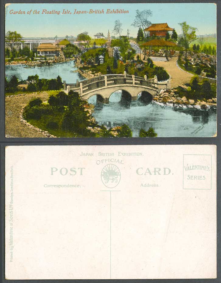 Japan-British Exhibition London 1910 Old Postcard Garden of Floating Isle Bridge
