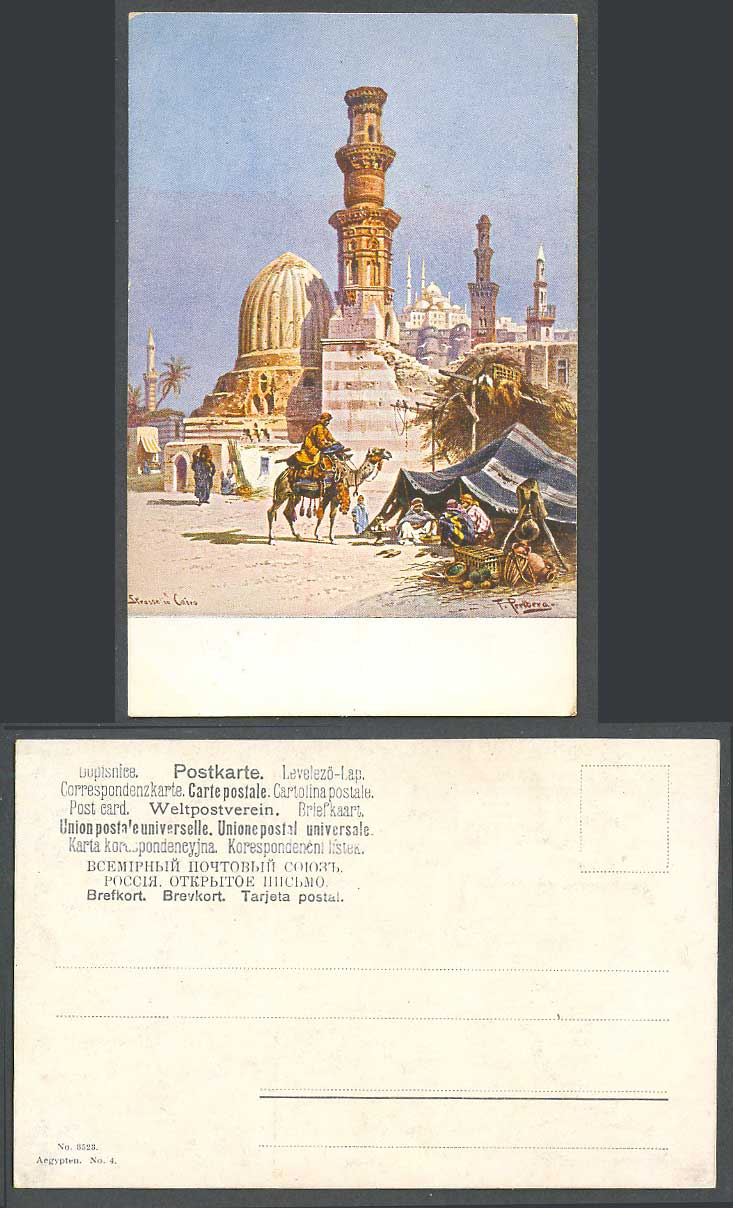Egypt F. Perlberg Old UB Postcard Cairo Street Scene, Camel Rider, Mosque Towers