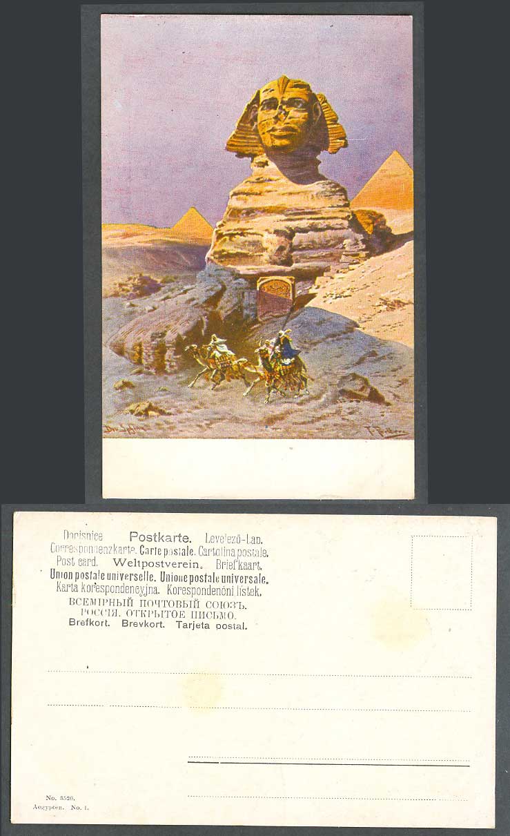 Egypt F. Perlberg Old Postcard Sphinx and Pyramids Galloping Camels Camel Riders