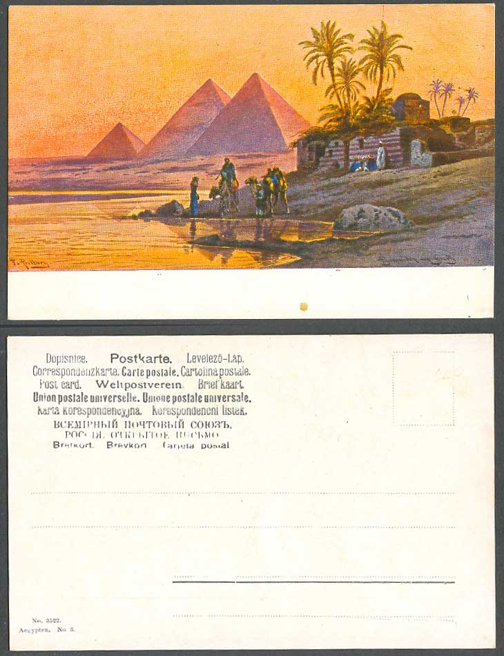 Egypt F. Perlberg Old Postcard Pyramids Gizeh Giza Camel Rider Palm Trees Sunset
