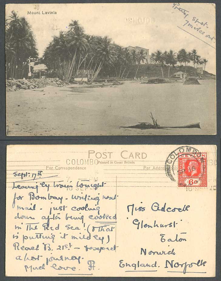 Ceylon KG5 6c 1920 Old Postcard Mount Lavinia Hotel Colombo Beach Palm Trees