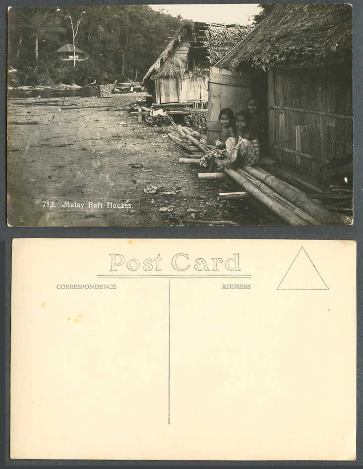 Malay Raft Houses Native Children Little Girls River Old Real Photo Postcard 713