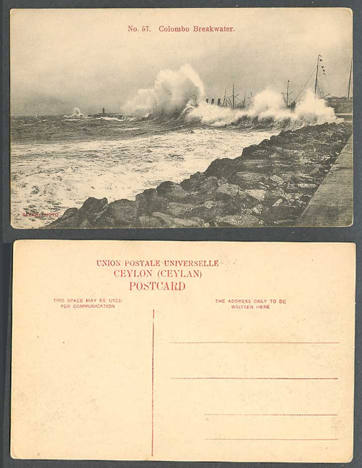 Ceylon Old Postcard Colombo Breakwater Monsoon Waves Lighthouse Rough Sea Rocks