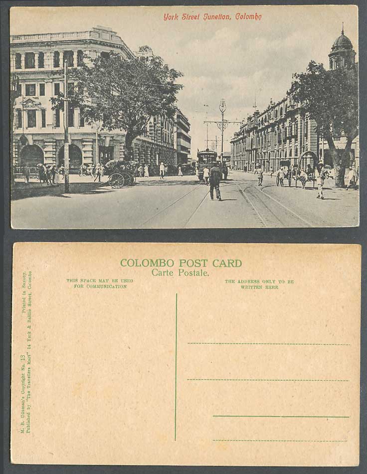 Ceylon Old Postcard York Street Junction Colombo TRAM Rickshaw Street Scene N.13
