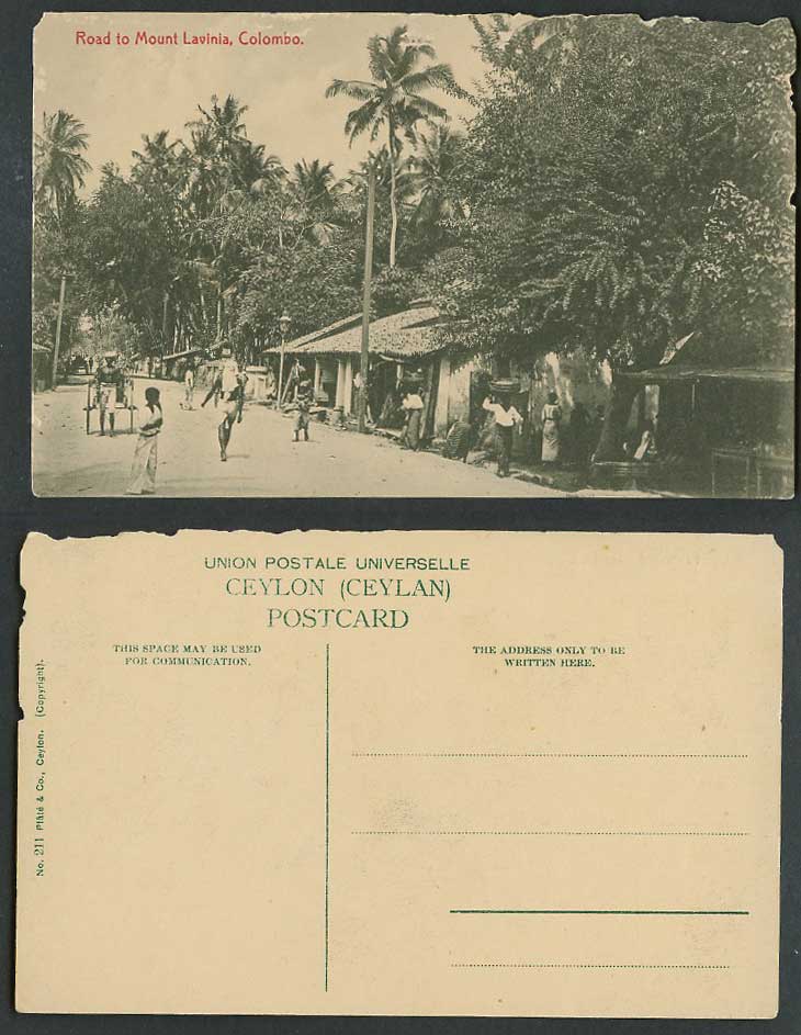 Ceylon Old Postcard Road to Mount Lavinia Colombo Native Street Scene Houses Boy